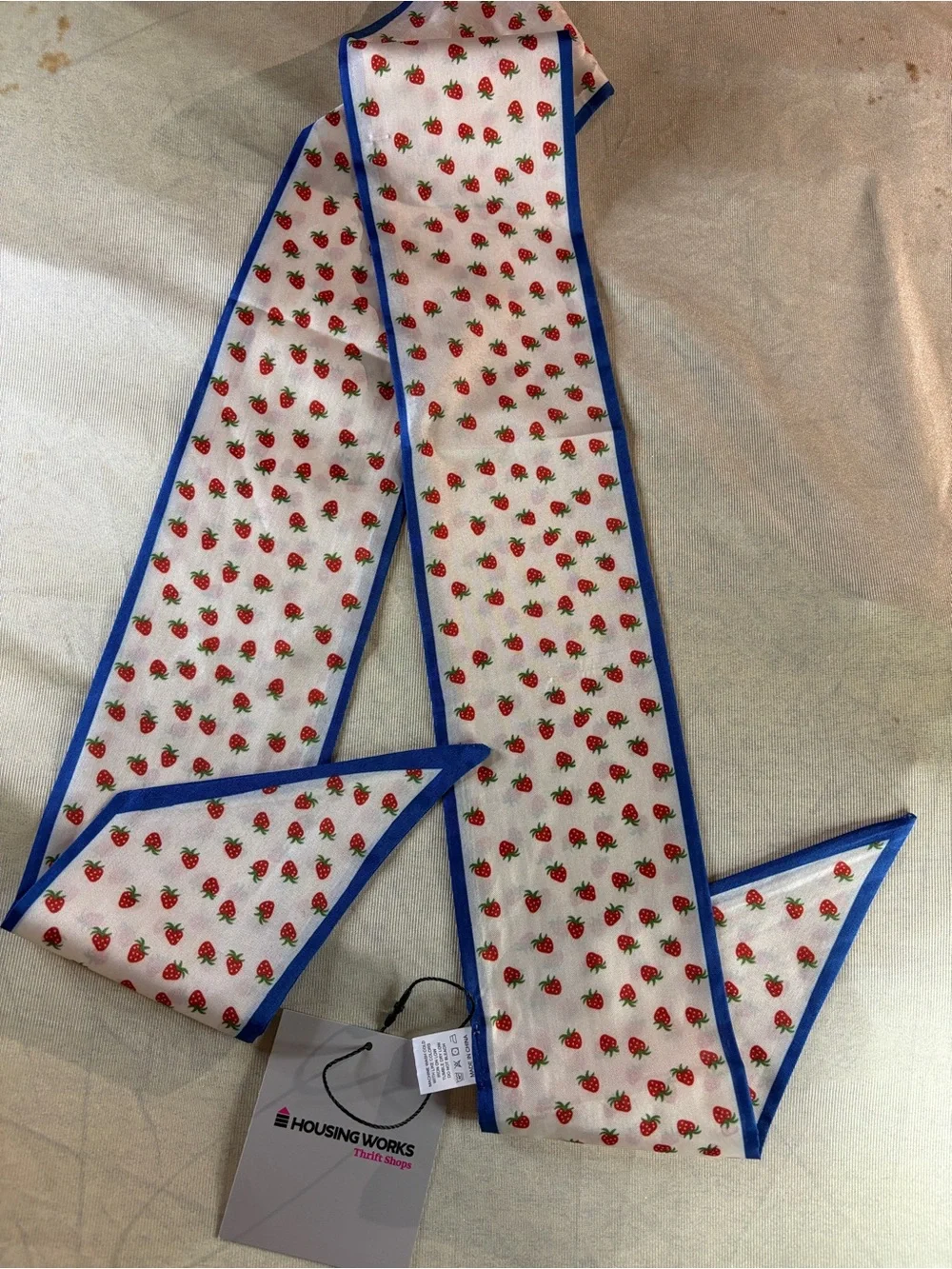 Strawberry Print Bag Scarf with Blue Trim